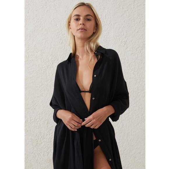 NWT Cotton On Women's Longline Tie Up Beach Shirt Black Size S $70 10HL176 - Picture 3 of 4